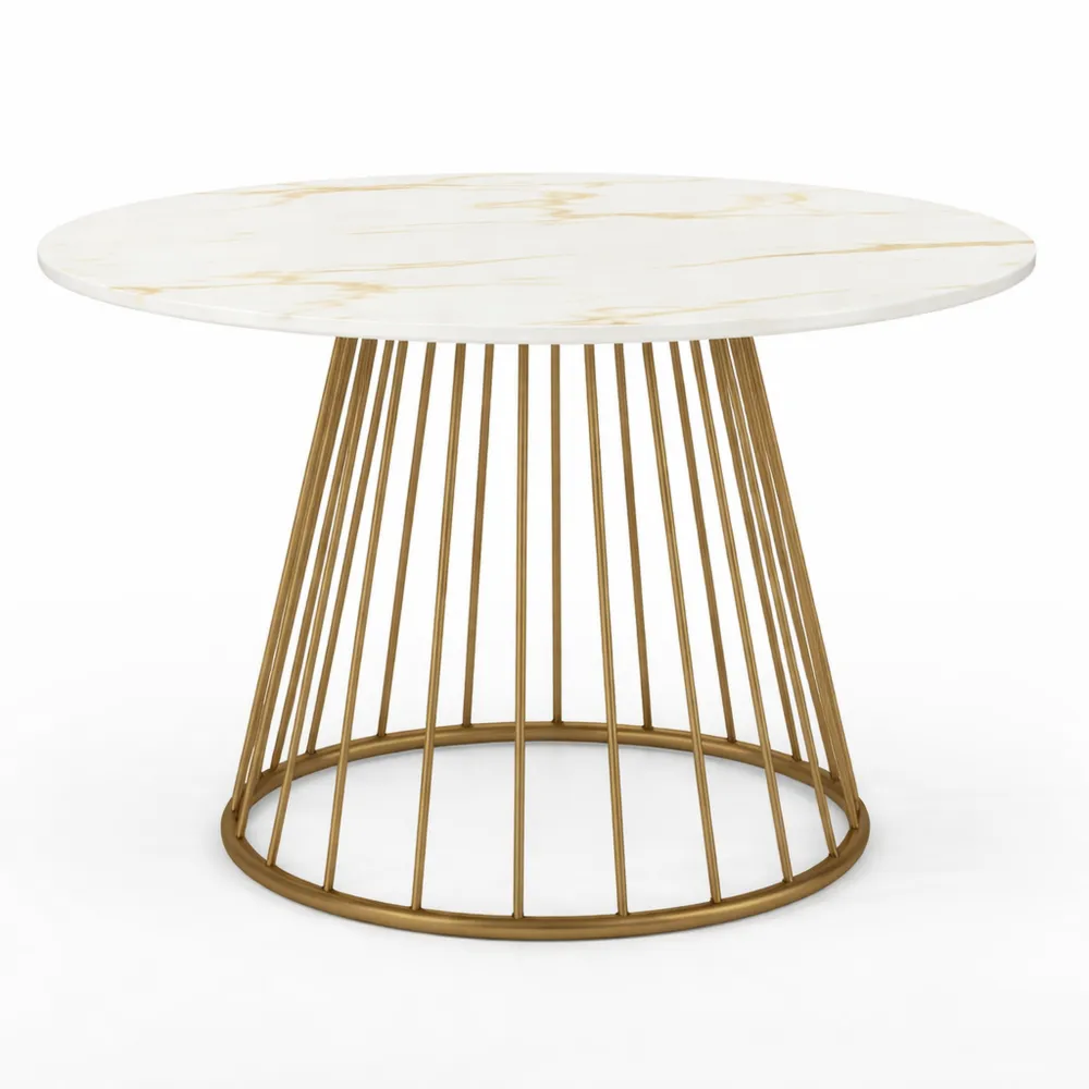 Table à manger ronde 6 places avec pied laiton et plateau effet marbre