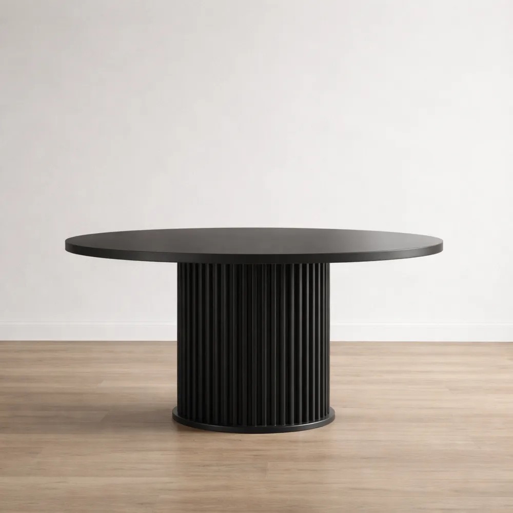 Table à Manger Ronde Noire 120cm, Plateau Bois, Base Métal, 4 Places