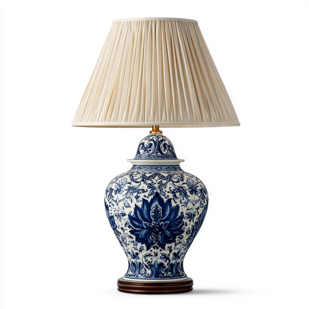 Lámpara de mesa cerámica-madera 30x53 cm - azul-blanco - diseño clásico para salón-Nestmyhub