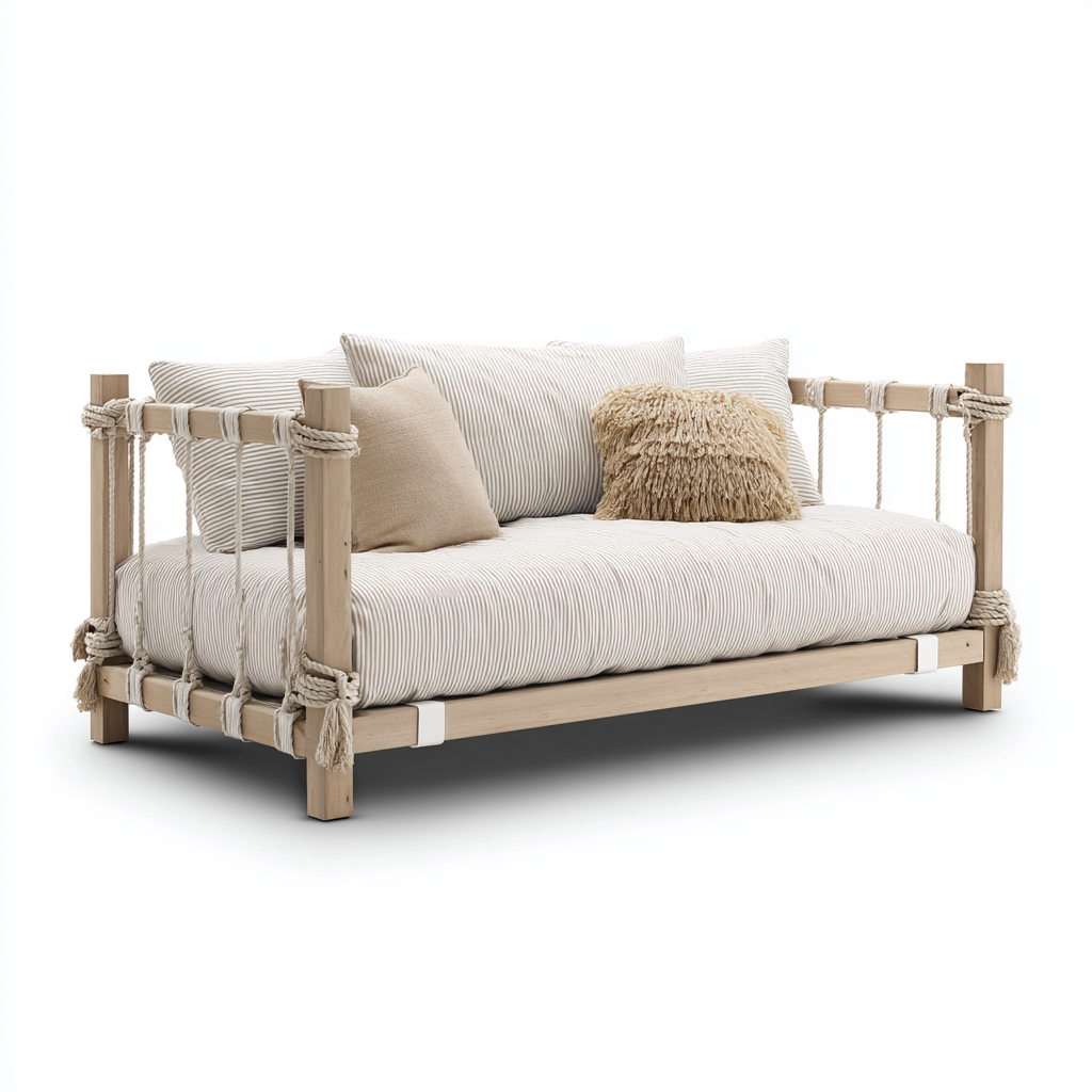 Sofá cama - madera y cuerda - 200x95x85 cm - natural - diseño rústico apto para dormitorio-Nestmyhub