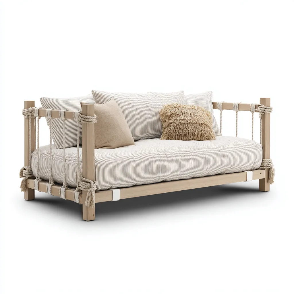 Sofá cama - madera y cuerda - 200x95x85 cm - natural - diseño rústico apto para dormitorio-Nestmyhub