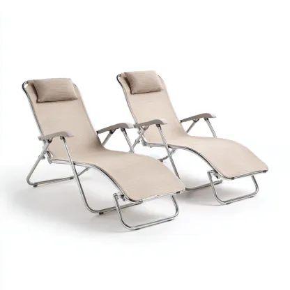 Tumbonas de jardín de estructura metálica y textilene 193x61x84 cm beige-plata para exterior - estilo moderno - diseño plegable-Nestmyhub