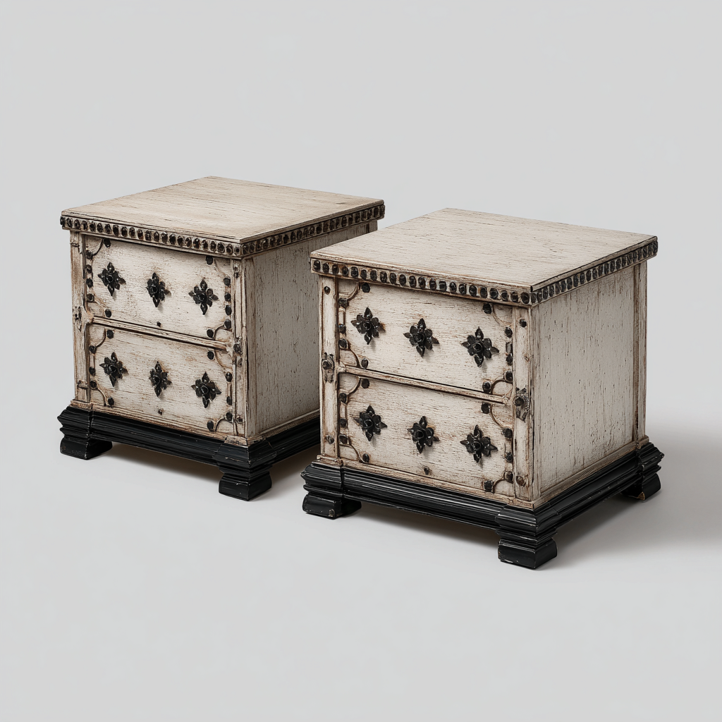 Mesita de noche madera maciza 45x35x55 cm beige envejecido uso dormitorio diseño clásico-Nestmyhub