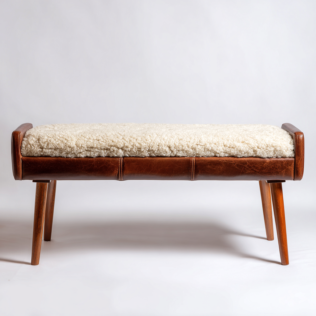 Banco de dormitorio - banco tapizado en borreguillo y cuero - 120x40x45 cm - beige-marrón - apto para dormitorio - diseño nórdico-Nestmyhub