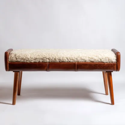 Banco de dormitorio - banco tapizado en borreguillo y cuero - 120x40x45 cm - beige-marrón - apto para dormitorio - diseño nórdico-Nestmyhub