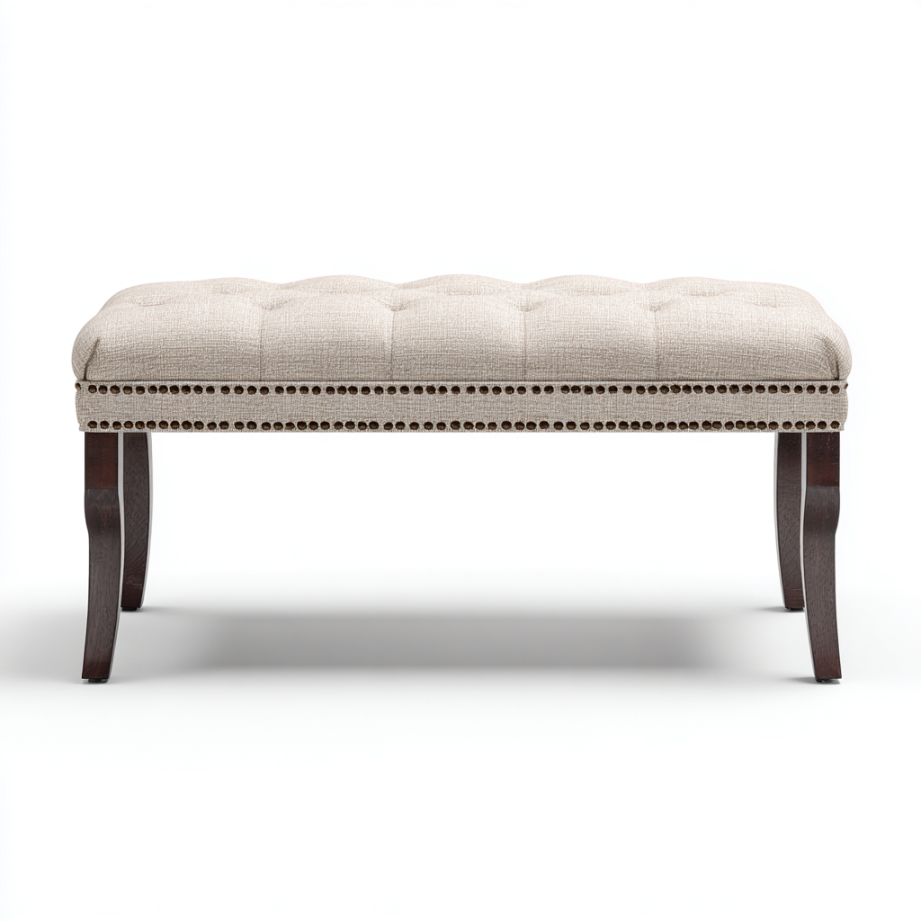 Banco de dormitorio - Tela-Madera - 90x40x48 cm - Beige-Marrón oscuro - Diseño clásico con tachuelas - Apto para dormitorio-Nestmyhub