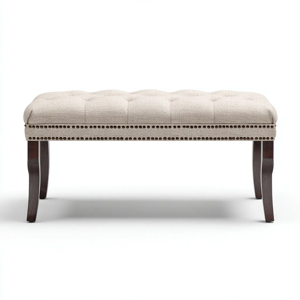 Banco de dormitorio - Tela-Madera - 90x40x48 cm - Beige-Marrón oscuro - Diseño clásico con tachuelas - Apto para dormitorio-Nestmyhub