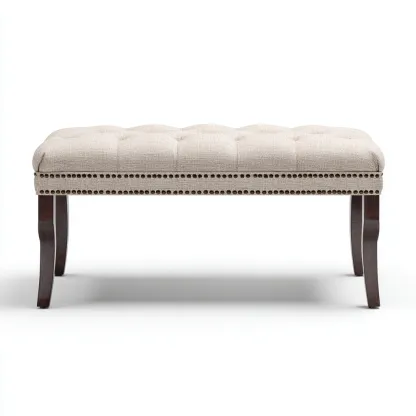 Banco de dormitorio - Tela-Madera - 90x40x48 cm - Beige-Marrón oscuro - Diseño clásico con tachuelas - Apto para dormitorio-Nestmyhub
