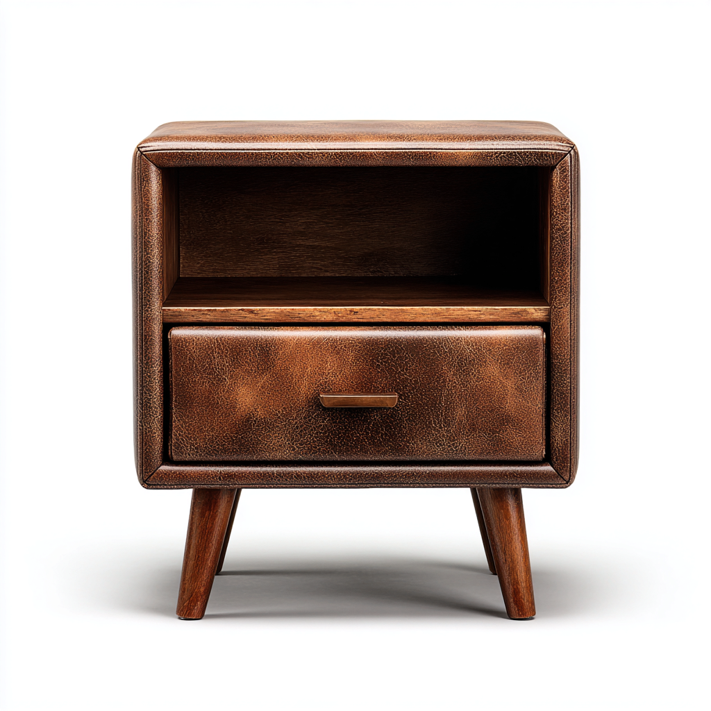 Mesita de noche madera acabado cuero 47x38x58 cm marrón uso dormitorio diseño retro-Nestmyhub