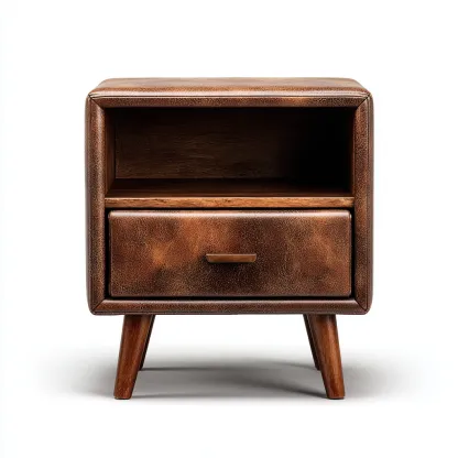 Mesita de noche madera acabado cuero 47x38x58 cm marrón uso dormitorio diseño retro-Nestmyhub