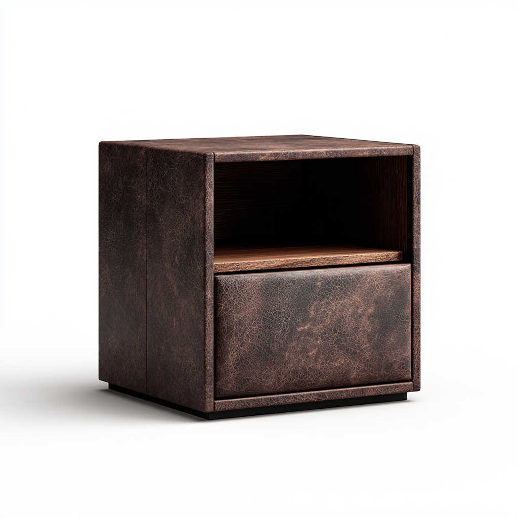 Mesita de noche madera acabado cuero 50x40x56 cm marrón uso dormitorio diseño retro-Nestmyhub