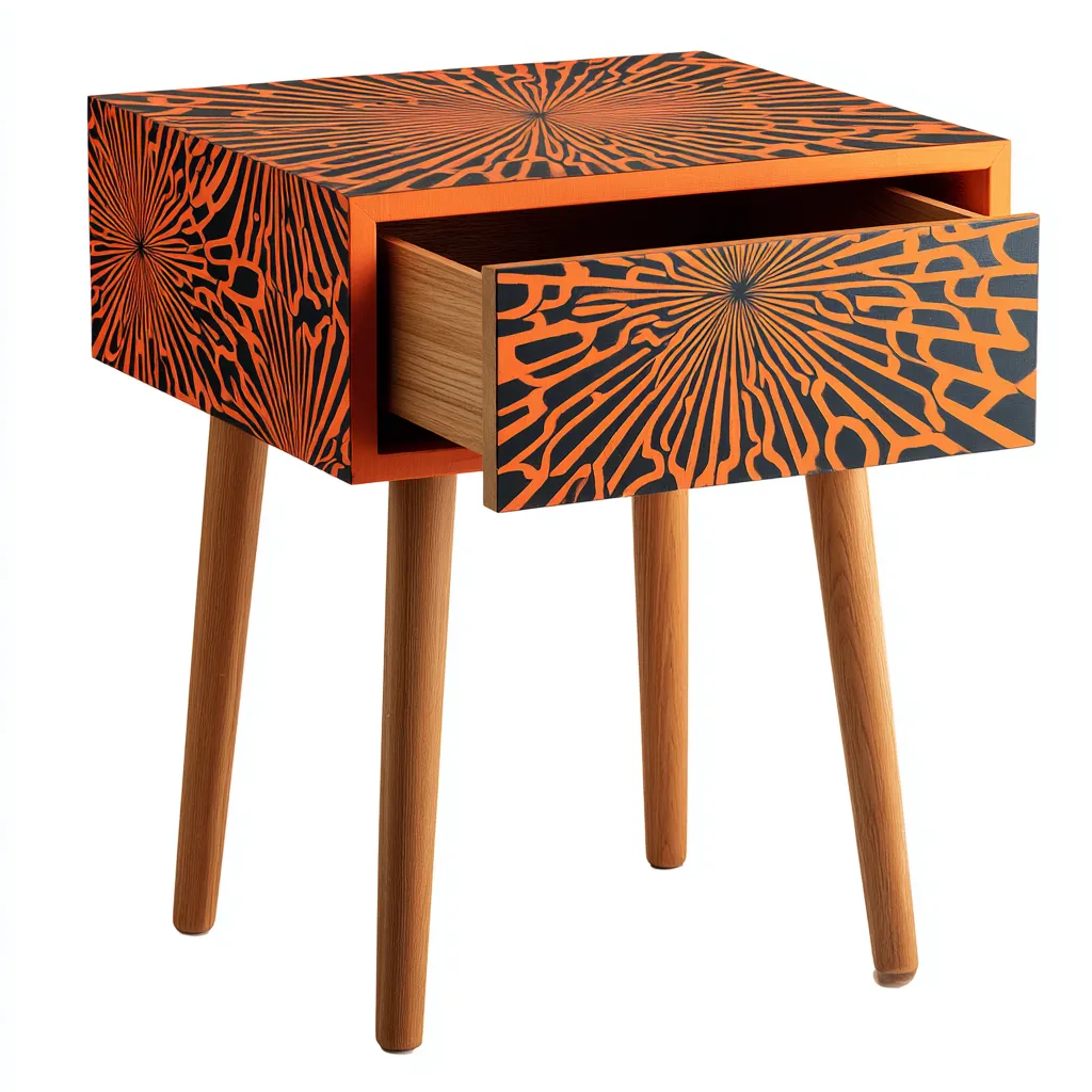 Mesita de noche madera decorada 45x35x55 cm naranja-negro uso dormitorio diseño moderno-Nestmyhub