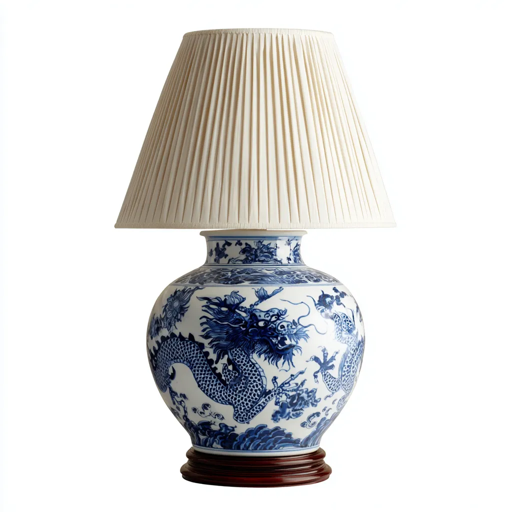 Lámpara de mesa cerámica-madera 30x55 cm - azul-blanco - diseño clásico para salón-Nestmyhub