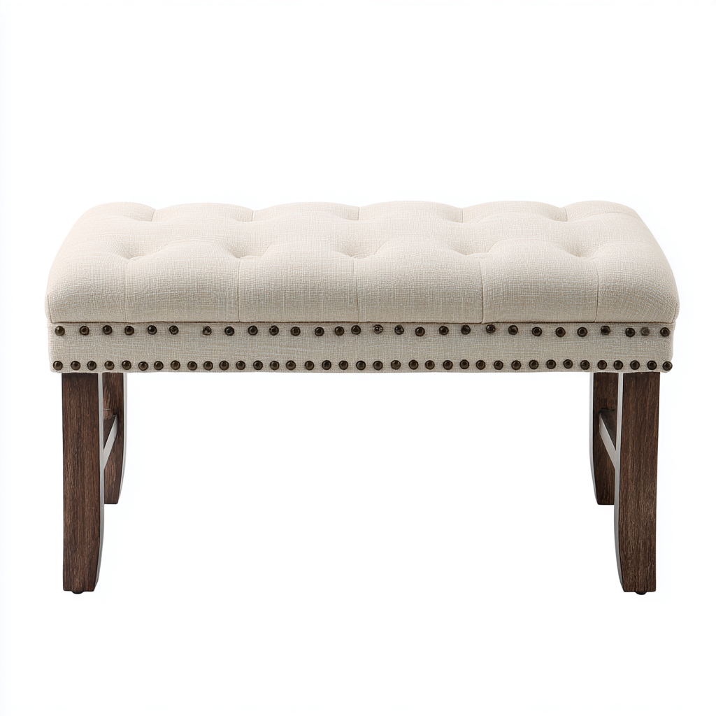 Banco de dormitorio - Tela-Madera - 90x40x48 cm - Beige-Marrón - Diseño clásico con tachuelas - Apto para dormitorio-Nestmyhub