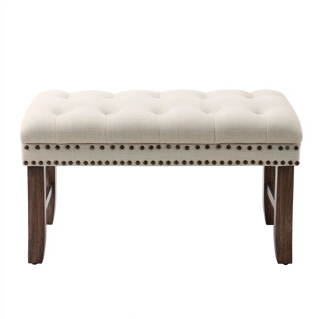 Banco de dormitorio - Tela-Madera - 90x40x48 cm - Beige-Marrón - Diseño clásico con tachuelas - Apto para dormitorio-Nestmyhub