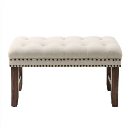 Banco de dormitorio - Tela-Madera - 90x40x48 cm - Beige-Marrón - Diseño clásico con tachuelas - Apto para dormitorio-Nestmyhub