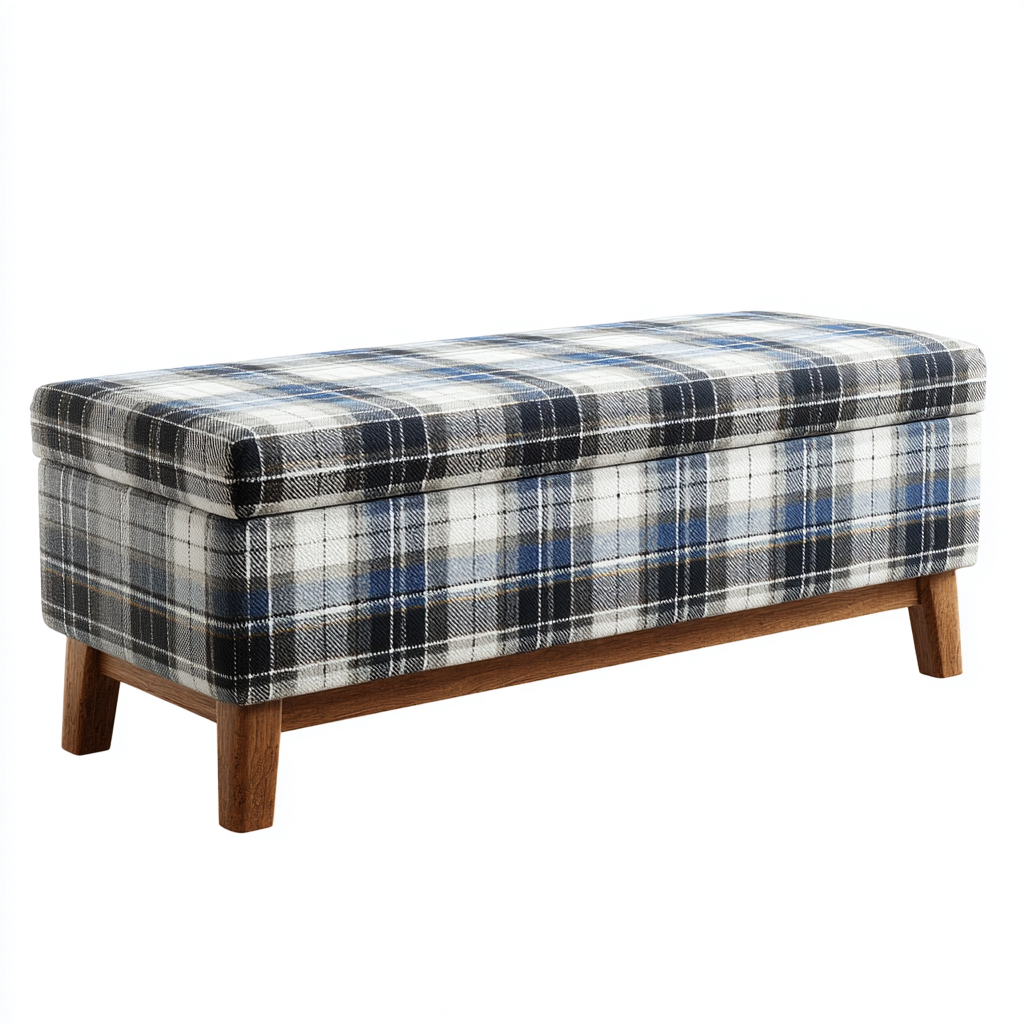 Banco de dormitorio - Tela-Madera - 110x40x48 cm - Gris-Azul-Negro - Diseño clásico a cuadros con almacenamiento - Apto para dormitorio-Nestmyhub