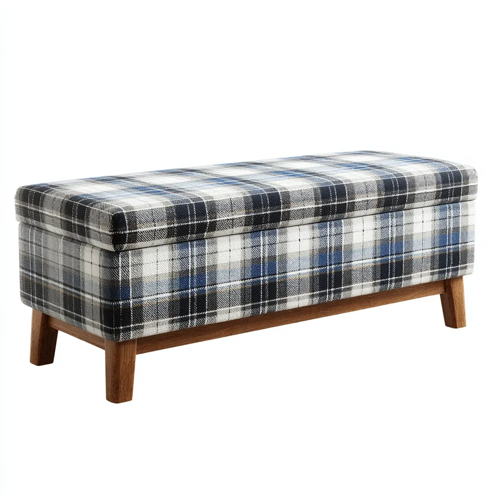 Banco de dormitorio - Tela-Madera - 110x40x48 cm - Gris-Azul-Negro - Diseño clásico a cuadros con almacenamiento - Apto para dormitorio-Nestmyhub