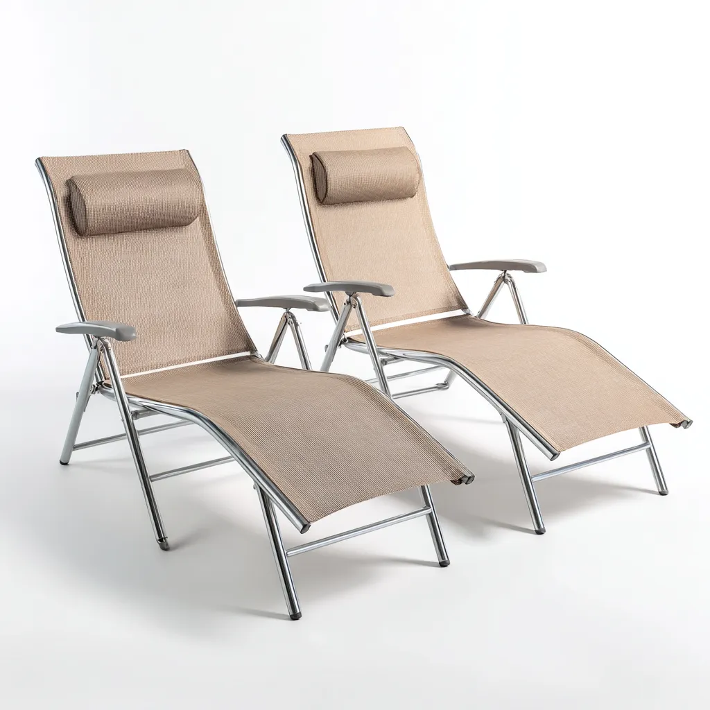 Tumbonas de jardín plegables de estructura metálica y textilene 184x60x89 cm beige-plata para exterior - estilo moderno-Nestmyhub