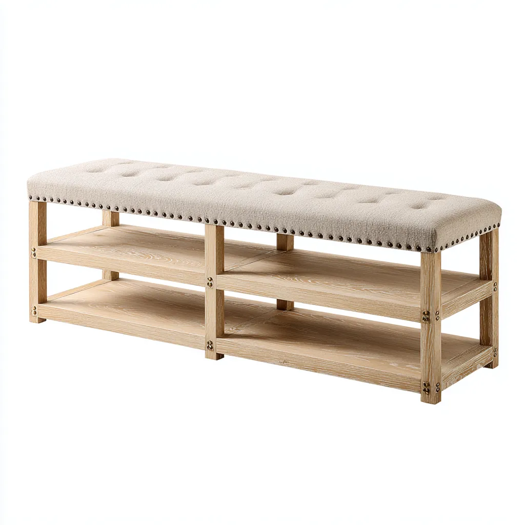 Banco de dormitorio - Madera-Tela - 120x35x50 cm - Beige-Natural - Diseño rústico con estantes - Apto para dormitorio-Nestmyhub