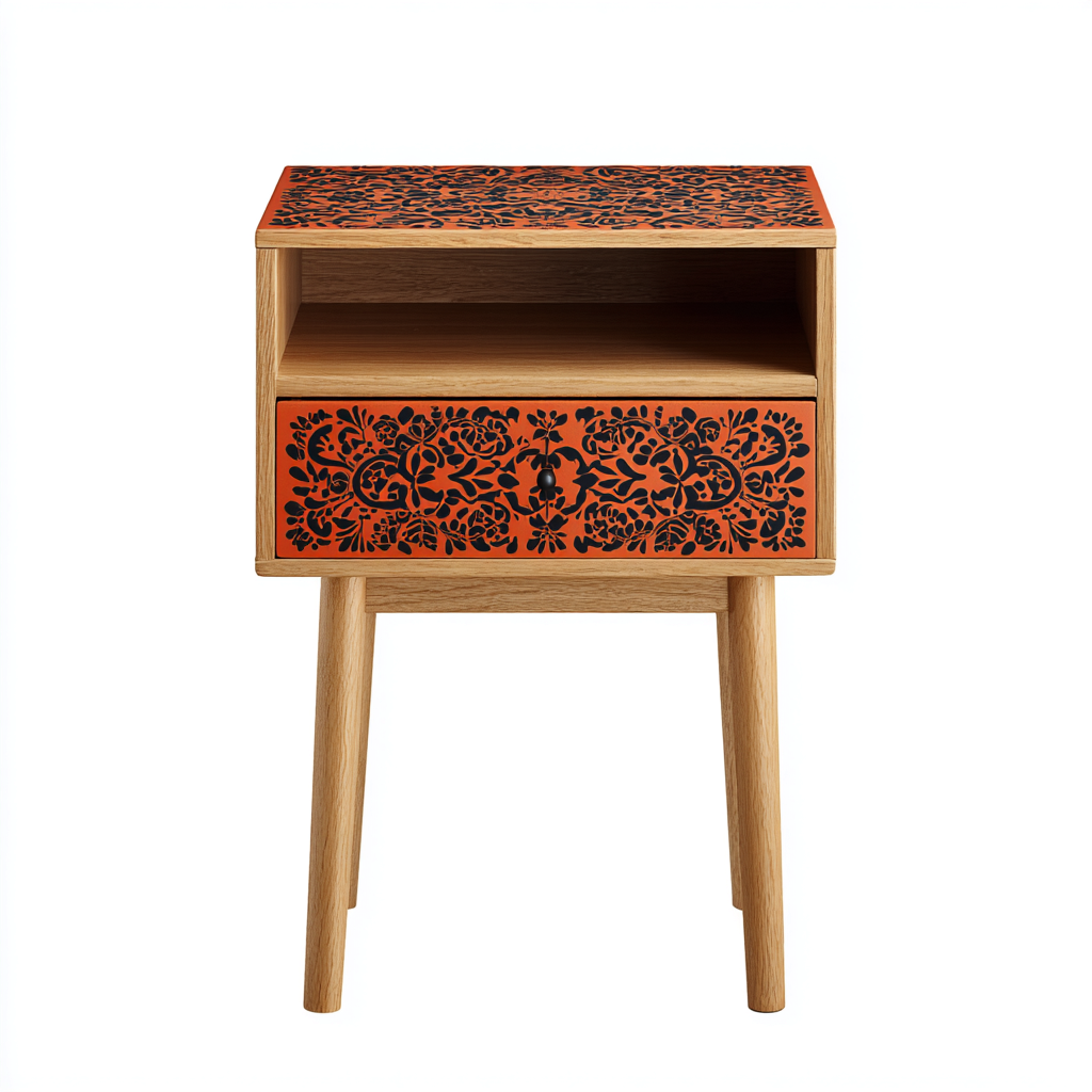Mesita de noche madera decorada 48x34x58 cm naranja-negro uso dormitorio diseño moderno-Nestmyhub