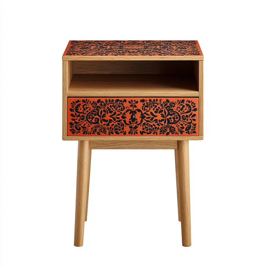Mesita de noche madera decorada 48x34x58 cm naranja-negro uso dormitorio diseño moderno-Nestmyhub