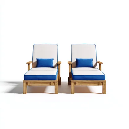 Tumbonas de jardín de estructura de madera y cojín 203x72x44 cm blanco-azul-madera para exterior - estilo moderno - diseño funcional-Nestmyhub