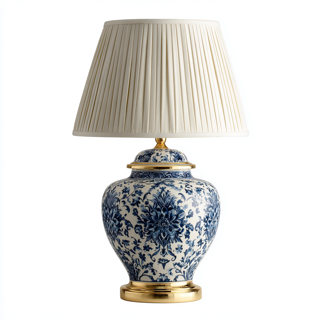 Lámpara de mesa cerámica-metal 30x52 cm - azul-blanco-dorado - diseño clásico para salón-Nestmyhub