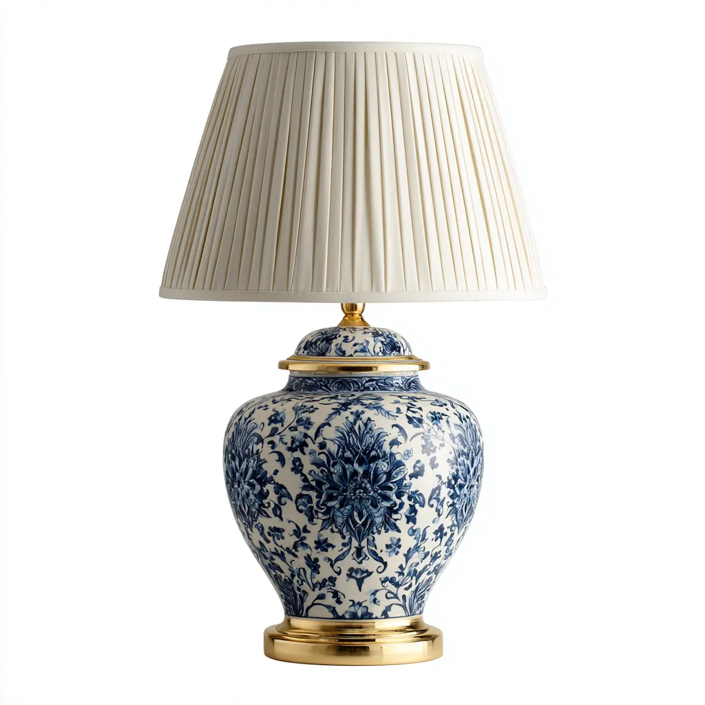 Lámpara de mesa cerámica-metal 30x52 cm - azul-blanco-dorado - diseño clásico para salón-Nestmyhub