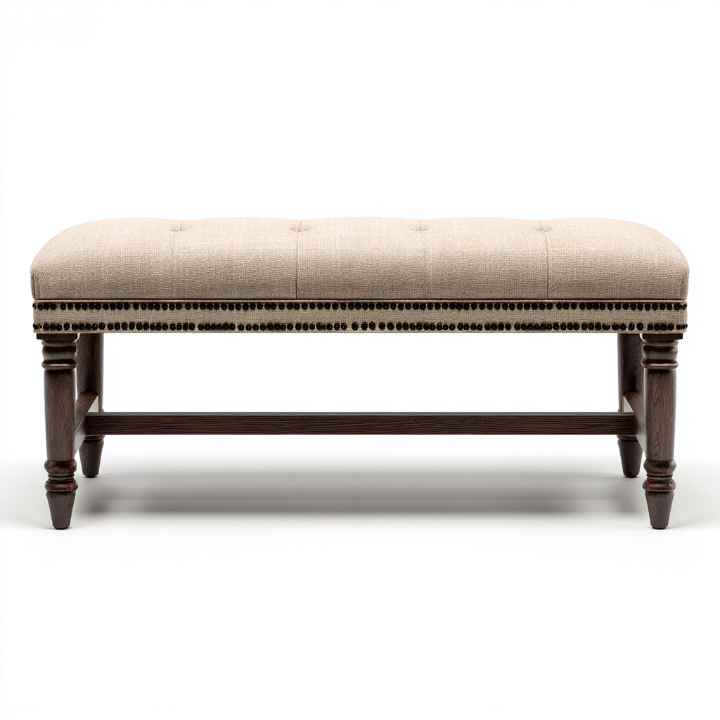 Banco de dormitorio - Tela-Madera - 100x40x50 cm - Beige-Marrón oscuro - Diseño clásico con tachuelas - Apto para dormitorio-Nestmyhub