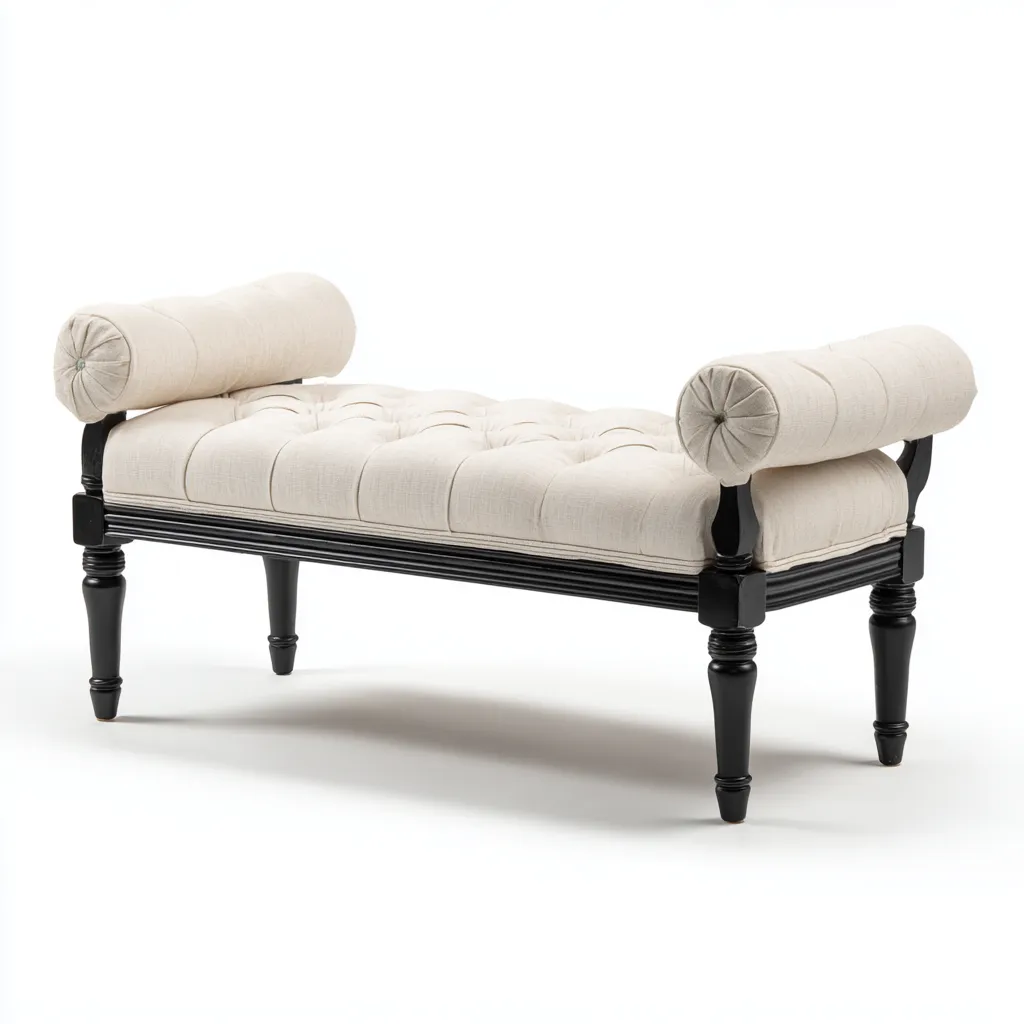 Banco de dormitorio - Tela-Madera - 115x40x55 cm - Beige-Negro - Diseño clásico capitoné - Apto para dormitorio-Nestmyhub