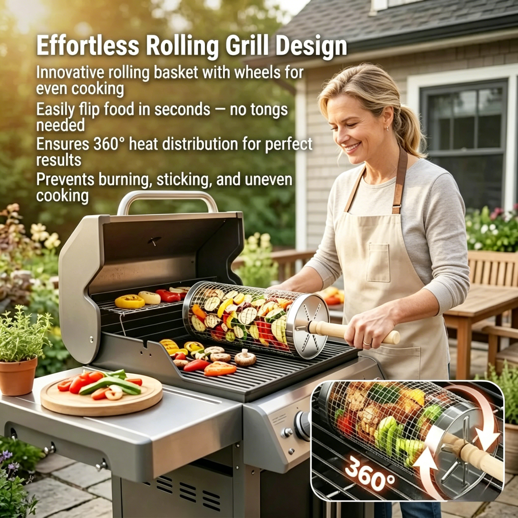 🔥 Stainless Steel Rolling Grill Basket – Effortless 360° Even Cooking