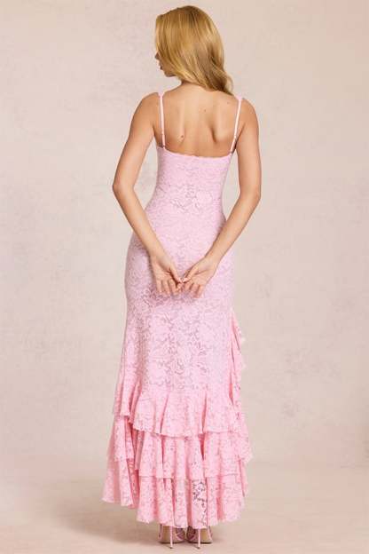 👗Lace Ruffle Maxi Dress with High Slit – Elegant Bodycon Evening Dress