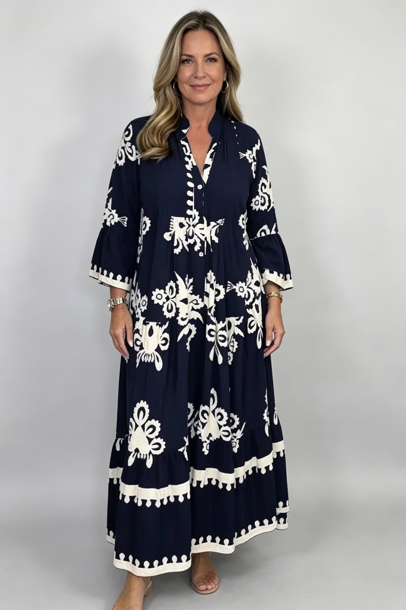 Cream & Black Printed Floaty Maxi Dress(Buy 2 Free Shipping)