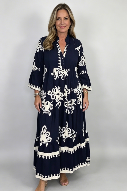 Cream & Black Printed Floaty Maxi Dress(Buy 2 Free Shipping)