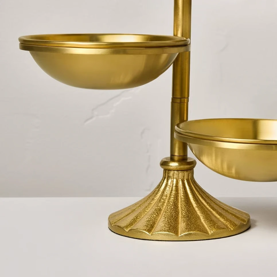 Vintage Brass-Look Serving Stand with 3 Swivel Bowls