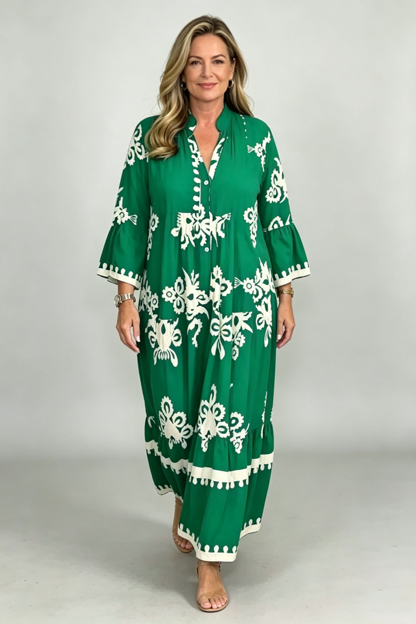 Cream & Black Printed Floaty Maxi Dress(Buy 2 Free Shipping)