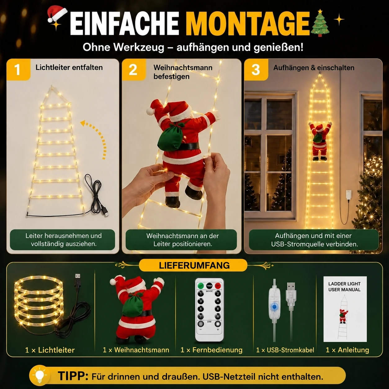 LED-Weihnachtsleiter mit kletterndem Weihnachtsmann und Fernbedienung