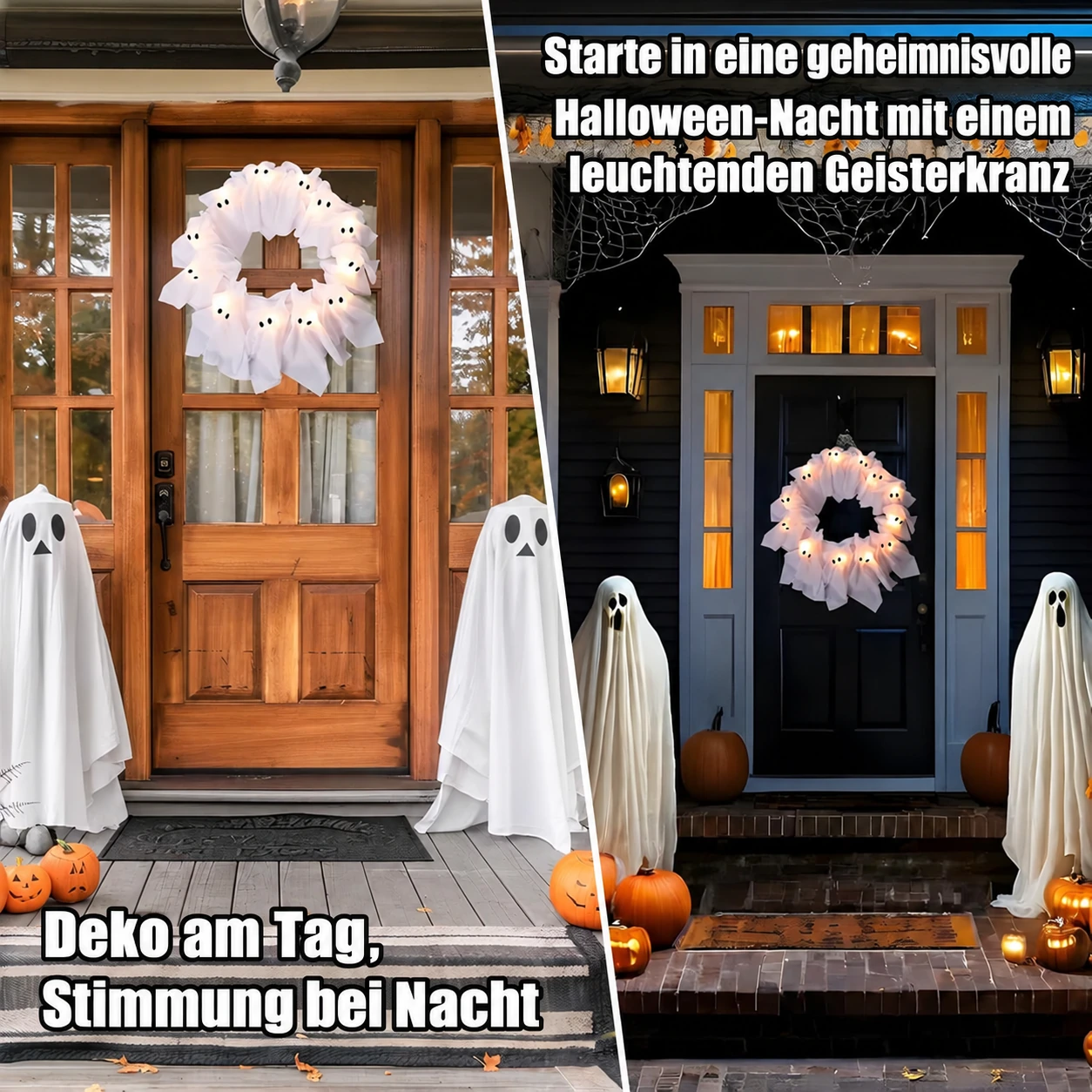 Geisterkranz mit 12 Lichtern – leuchtende Halloween-Türdekoration