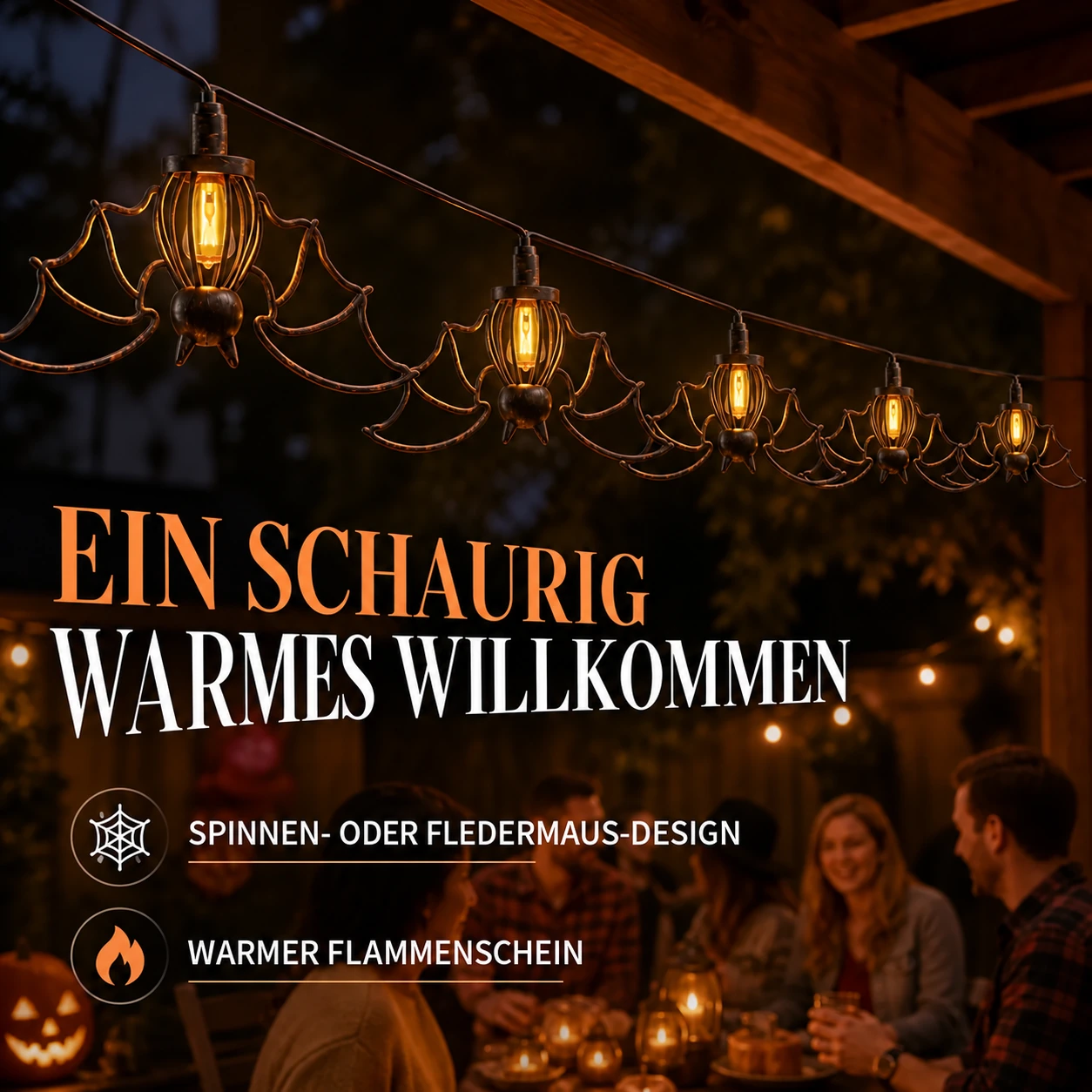 Halloween-Lichterkette mit Spinnen oder Fledermäusen und gespenstischem Licht – 5er-Set