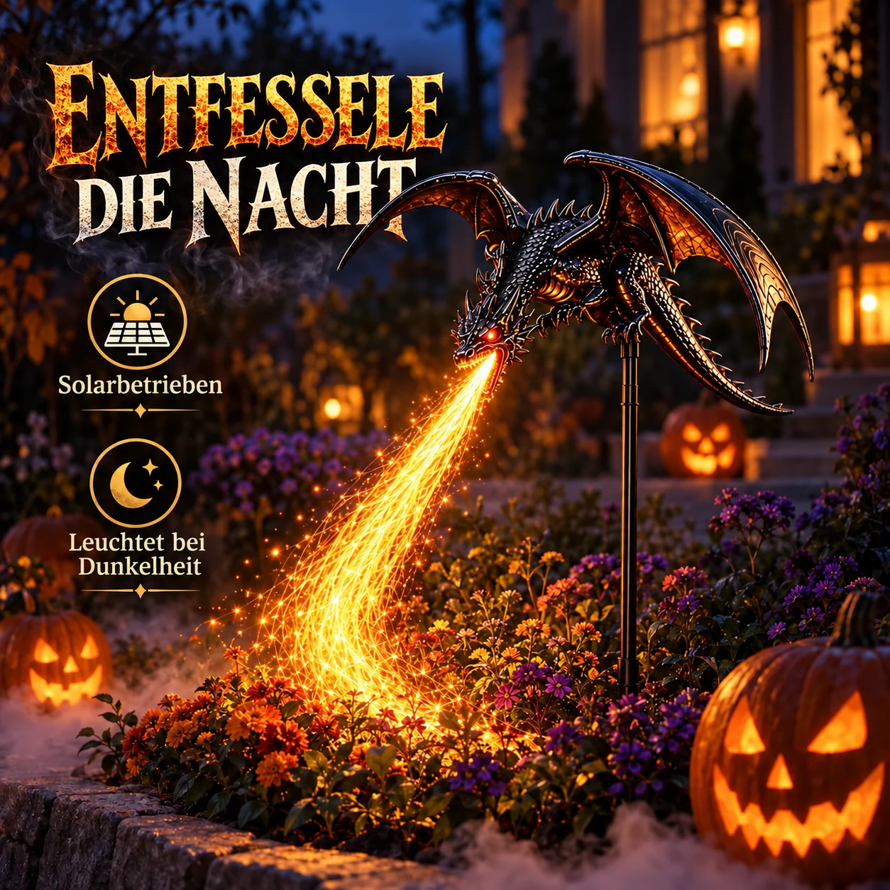 Halloween-Solar-Gartenstecker mit feuerspeiendem Drachen