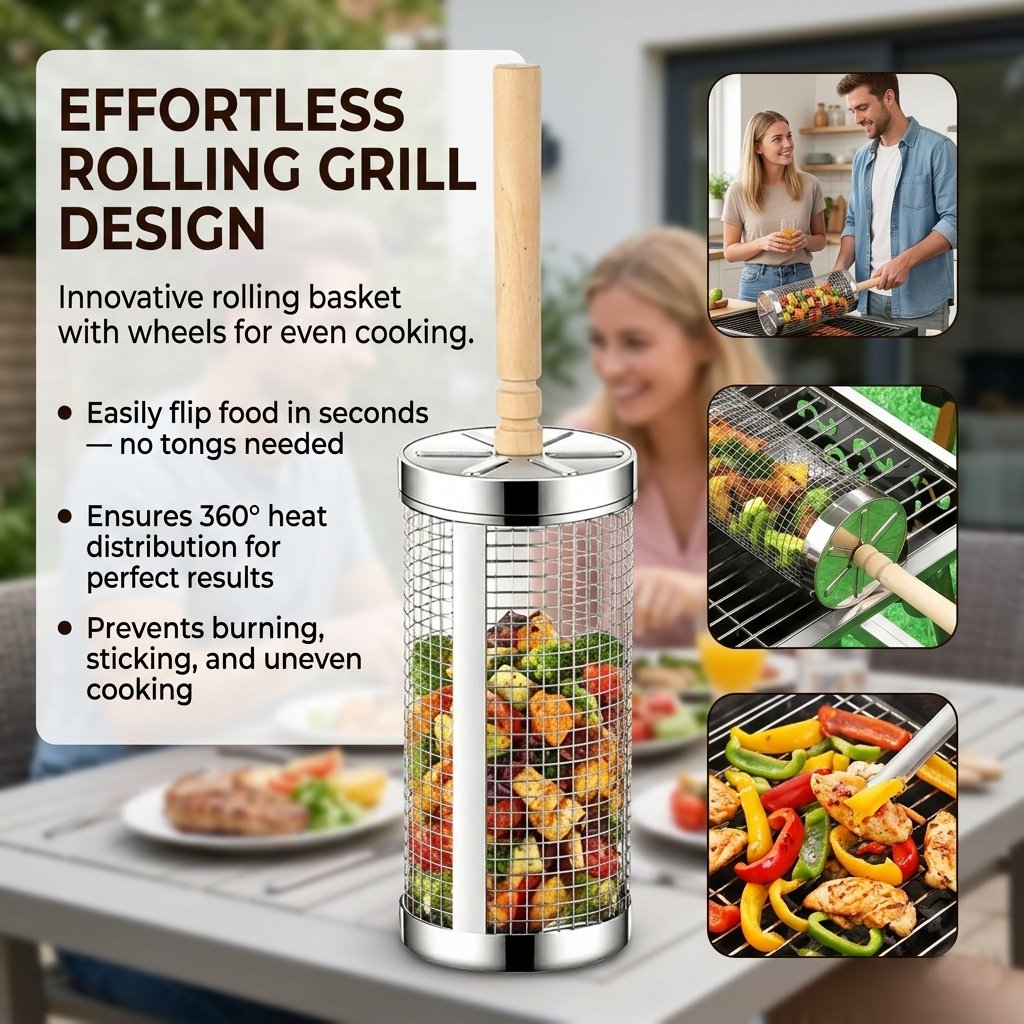 🔥 Stainless Steel Rolling Grill Basket – Effortless 360° Even Cooking