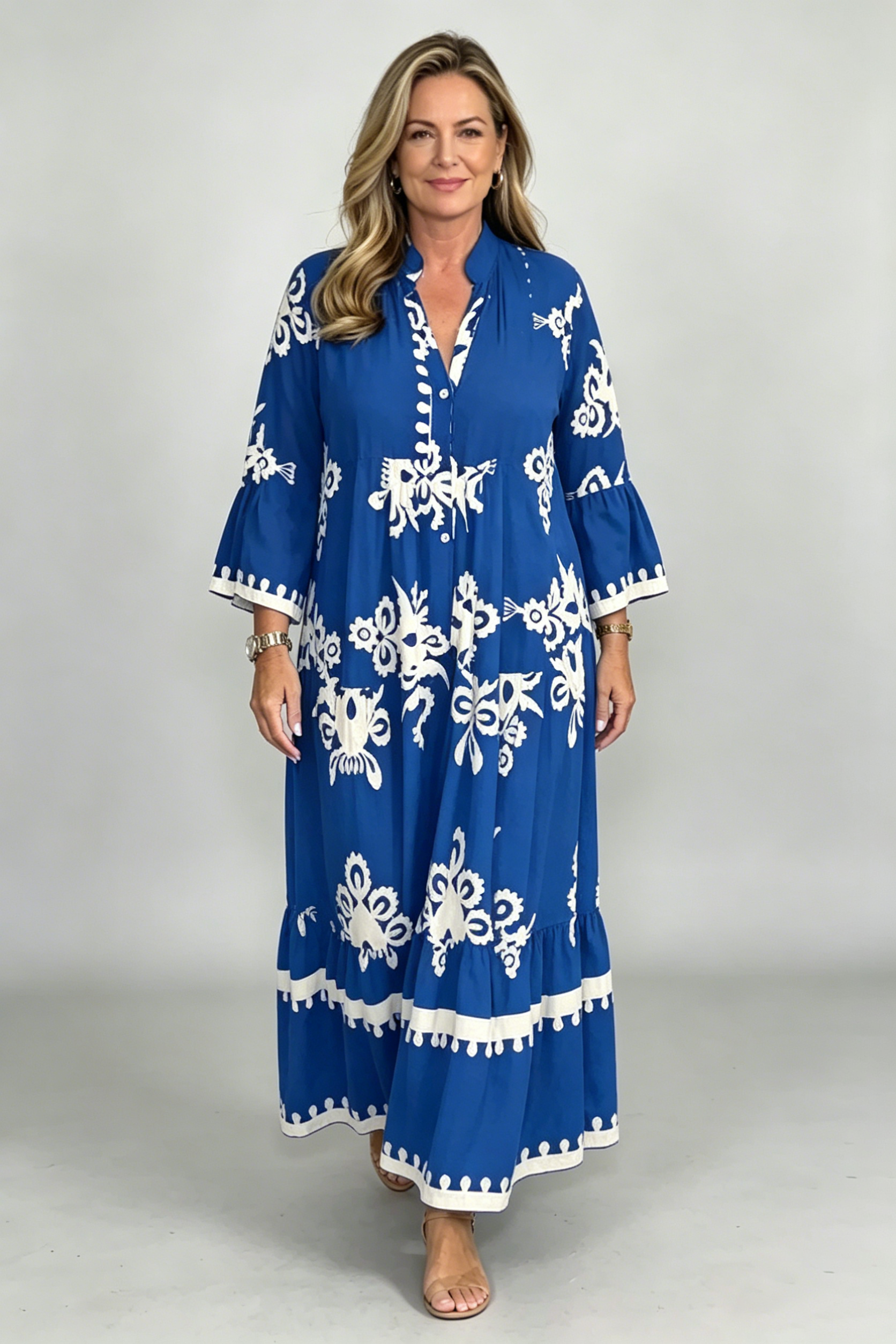 Cream & Black Printed Floaty Maxi Dress(Buy 2 Free Shipping)