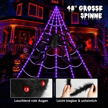 Lila-orange Spinnennetzbeleuchtung mit 250 LEDs und riesiger haariger Spinne