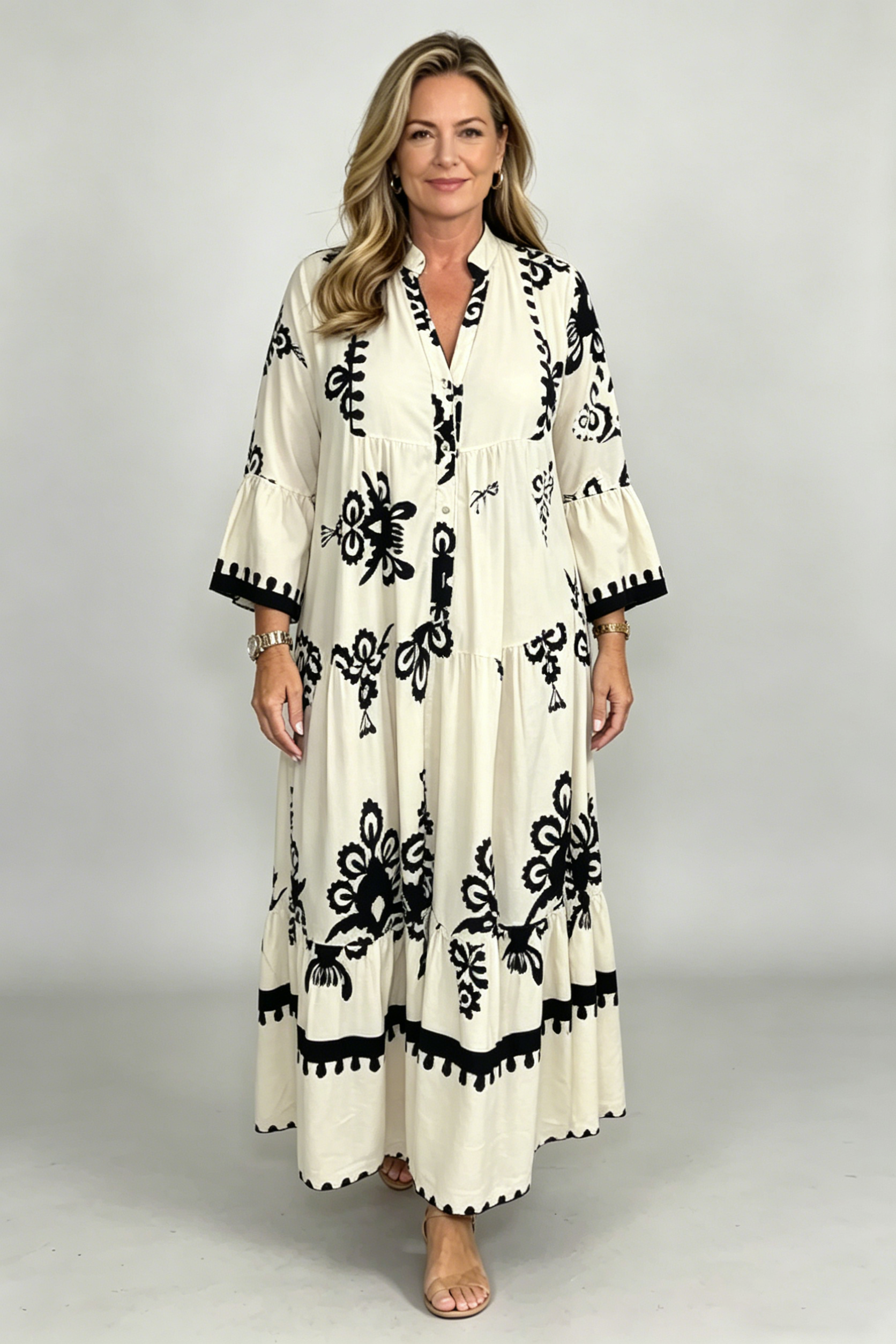 Cream & Black Printed Floaty Maxi Dress(Buy 2 Free Shipping)