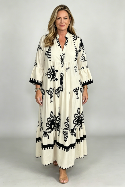 Cream & Black Printed Floaty Maxi Dress(Buy 2 Free Shipping)