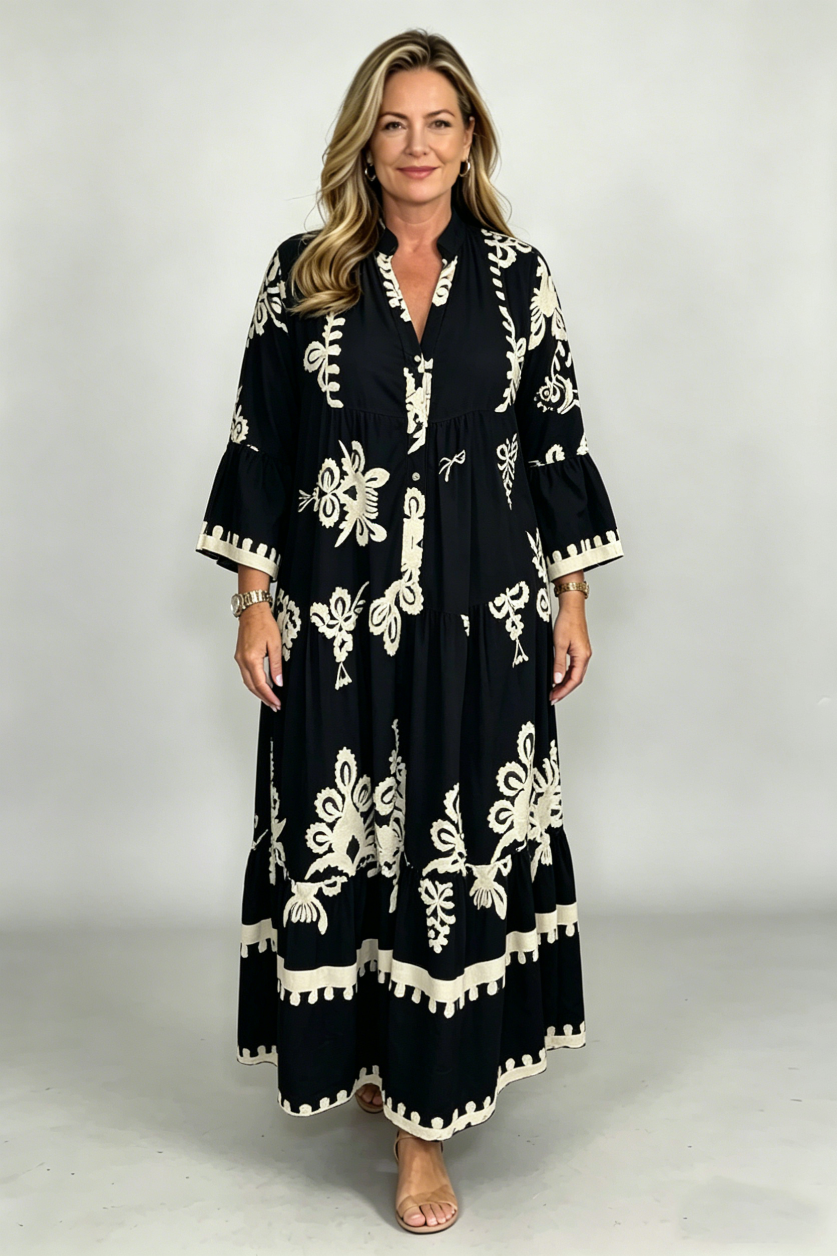 Cream & Black Printed Floaty Maxi Dress(Buy 2 Free Shipping)