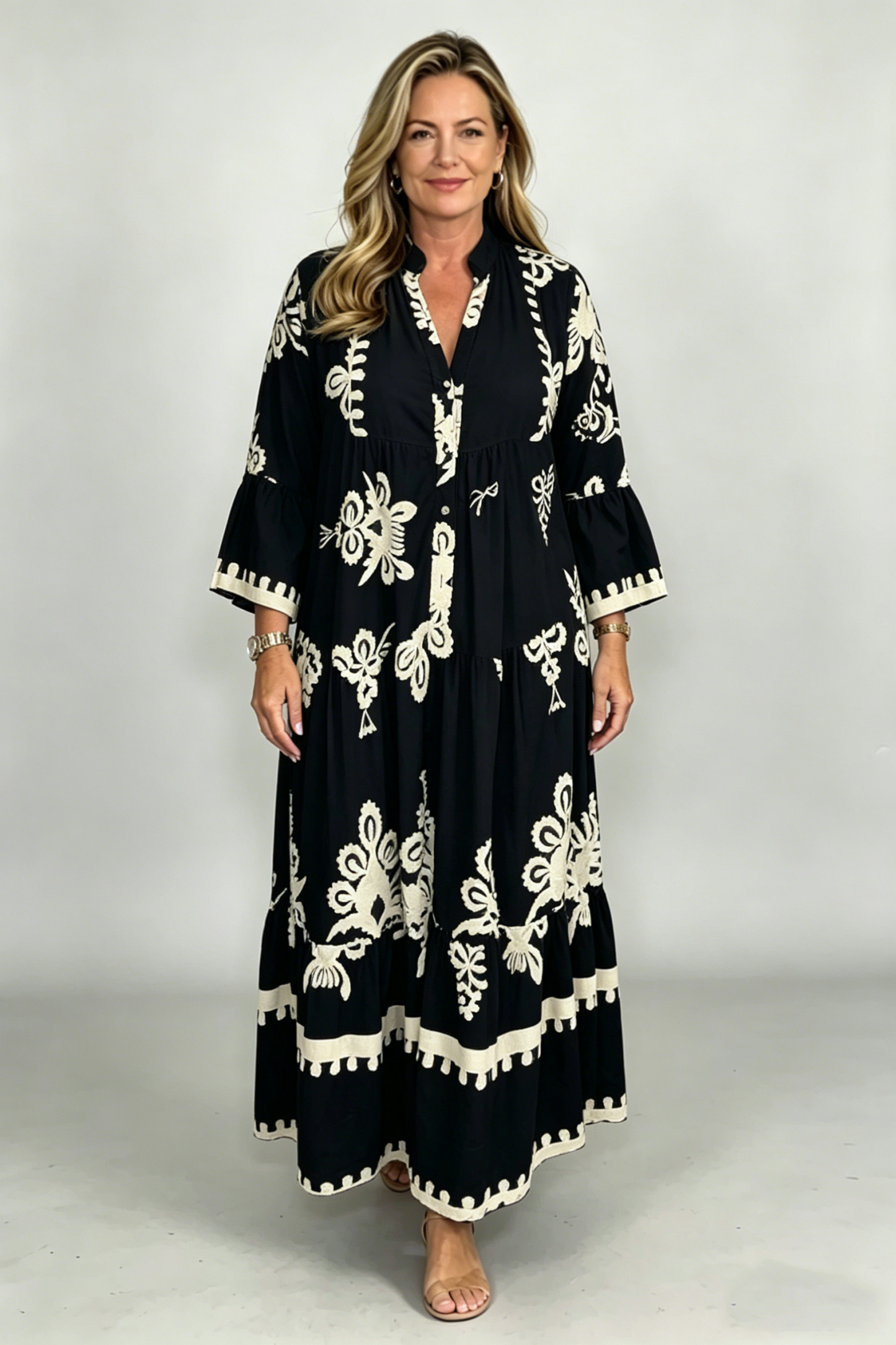 Cream & Black Printed Floaty Maxi Dress(Buy 2 Free Shipping)