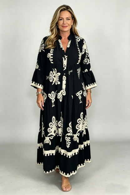 Cream & Black Printed Floaty Maxi Dress(Buy 2 Free Shipping)