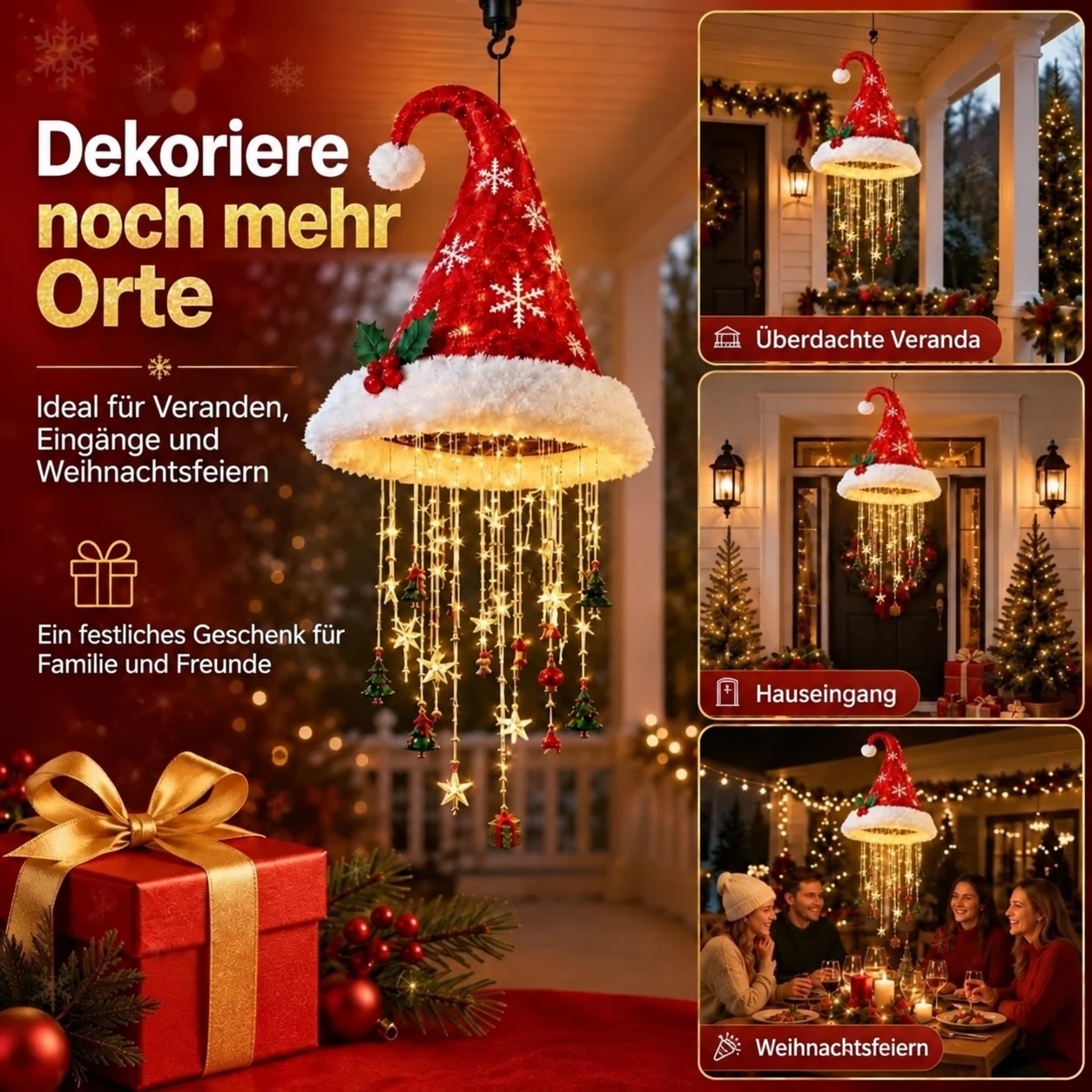 Beleuchteter Weihnachts-Hängeleuchter – Weihnachtsmütze, Baum und Glocken